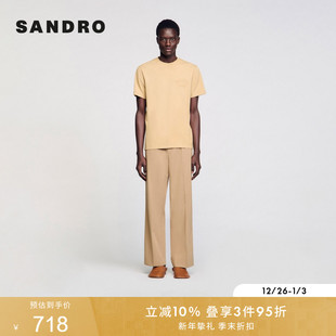 纯棉浅褐色复古做旧立体LOGO针织T恤衫 SANDRO2025春夏男装 时尚