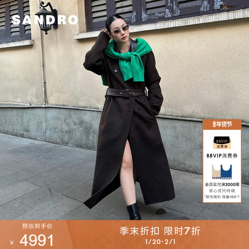 季末7折SANDRO2025秋冬新款女装迪木尔风绵羊毛大衣皮革毛呢外套,女装/女士精品,毛呢外套,淘宝优惠券,粉丝福利购,淘宝优惠卷