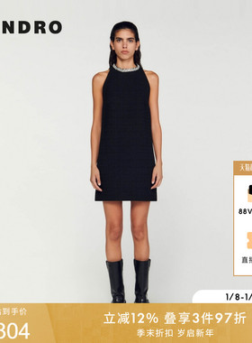 SANDRO秋冬女装法式优雅气质黑色仿钻圆领无袖直筒短款花呢连衣裙