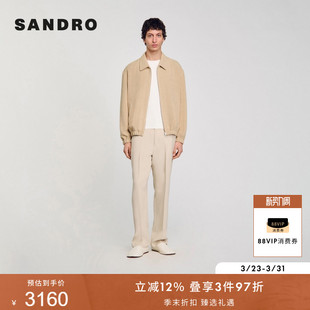 休闲简约米白色拉链翻领收腰夹克外套 时尚 SANDRO2025秋冬男装 法式