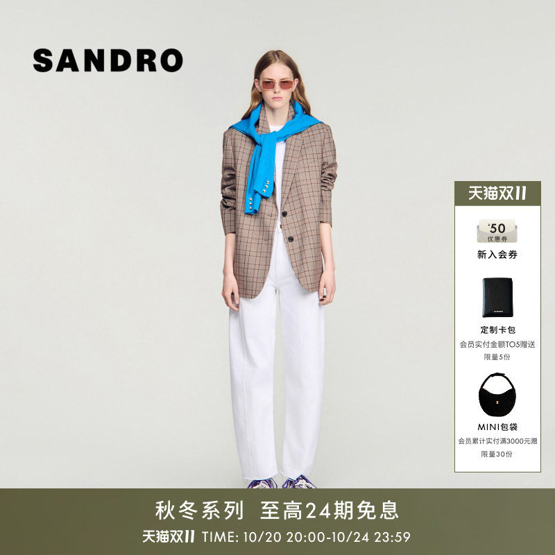 SANDRO2026秋季新款女装法式通勤绵羊毛格纹单排两粒扣西装外套