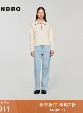 季末7折SANDRO2025秋冬新款女装迪木尔风绵羊毛白色明线针织衫