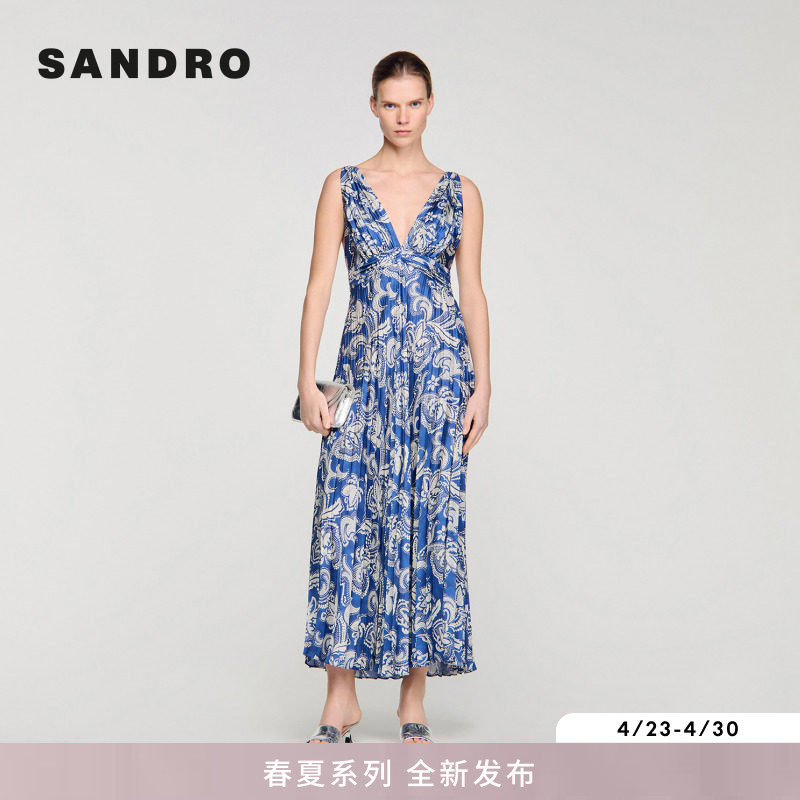 SANDRO2026春季新款女装法式V领佩斯利印花A字大裙摆百褶连衣裙