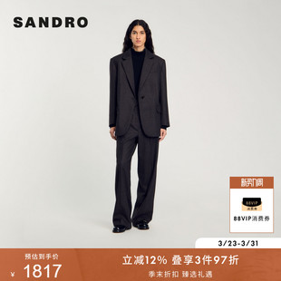 SANDRO秋冬女装 外套 通勤高知风黑棕色平驳领宽松廓形条纹垫肩西装