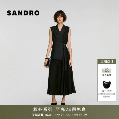 SANDRO围裹收腰无袖百褶连衣裙