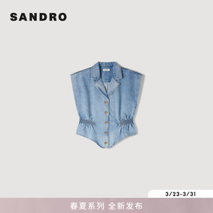 新款 领无袖 女装 复古棉质西装 抽褶收腰牛仔马甲 法式 SANDRO2026春季