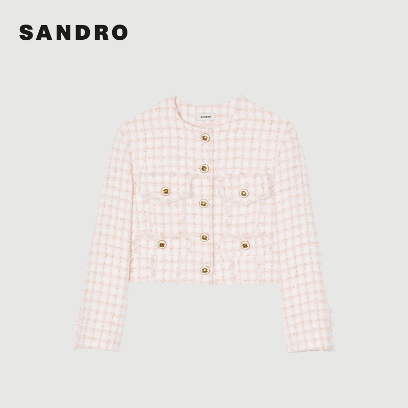 【七七酱直播间】SANDRO女装法式格纹金属扣式圆领长袖粗花呢外套