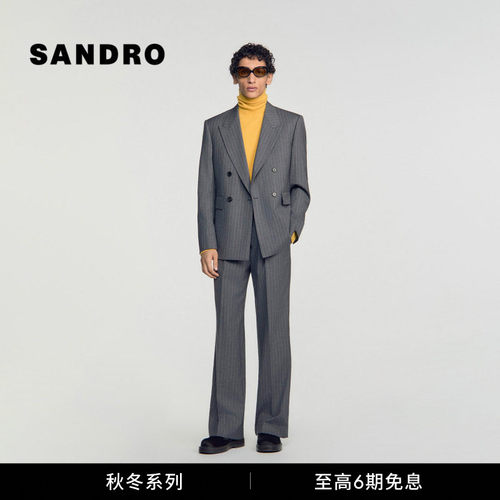SANDRO绵羊毛条纹双排扣西装外套