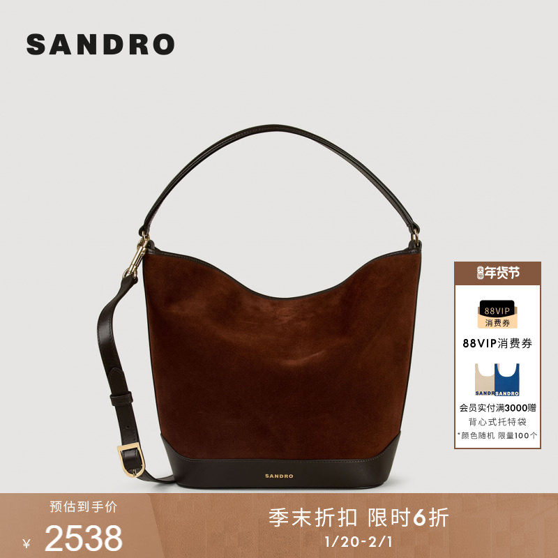 季末6折SANDRO2025秋冬新款女士绒面皮革拼接金属扣单肩背提包,箱包皮具/热销女包/男包,通用款女包,淘宝优惠券,粉丝福利购,淘宝优惠卷