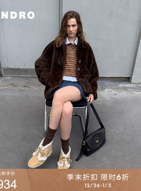 季末6折SANDRO2025秋冬新款女装优雅简约平驳领毛绒人造皮草外套