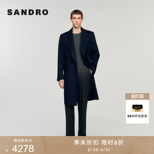 简约绵羊毛海军蓝工装 法式 风翻领大衣 末6折SANDRO2025秋冬男装 季