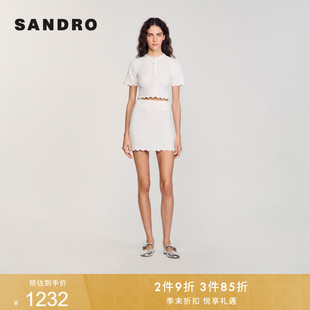 SANDRO春夏女装 气质白色仿珠饰花边领口镂空短款 套头针织衫 法式