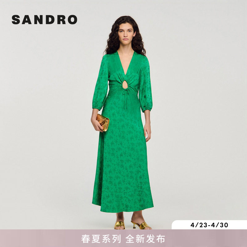 SANDRO2026夏季新款女装法式V领镂空抽绳收腰灯笼袖长款连衣裙