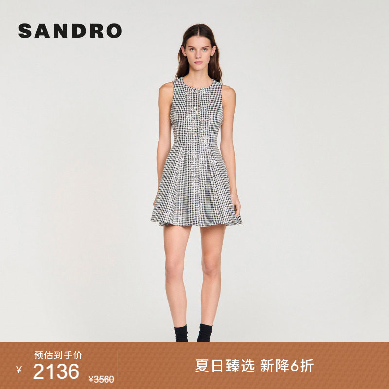 新品首降丨SANDRO2026夏季新款女装法式黑白千鸟格纹粗花呢连衣裙