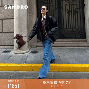 女装 新款 黑色羊皮革落肩拼接毛领皮外套 末7折SANDRO2025秋季 季