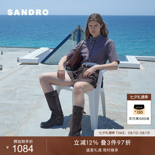 SANDRO女装法式棕黄色格纹衬衫