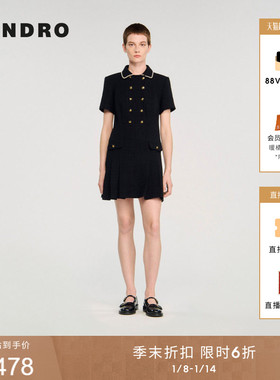季末6折SANDRO2025秋季新款女装甜美黑色仿珠饰花呢百褶连衣裙