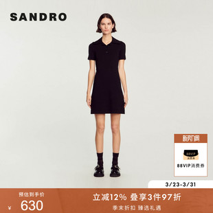 针织连衣裙 简约气质黑色POLO领收腰A字短袖 SANDRO秋冬女装 法式