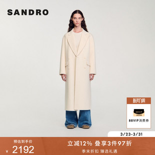 优雅绵羊毛白色双排扣翻领毛呢大衣外套 时尚 SANDRO秋冬女装 法式