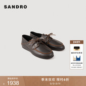 季 皮鞋 末6折SANDRO2025秋冬新款 女士牛皮革棕色系带平底乐福鞋