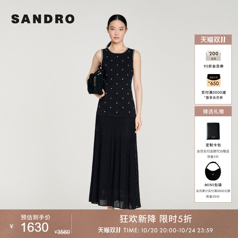 新品首降丨SANDRO2026夏季新款女装法式伯克利高知裙仿钻饰连衣裙