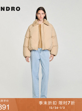 季末7折SANDRO2025秋冬新款女装法式毛领松紧袖口插肩袖泡芙棉服