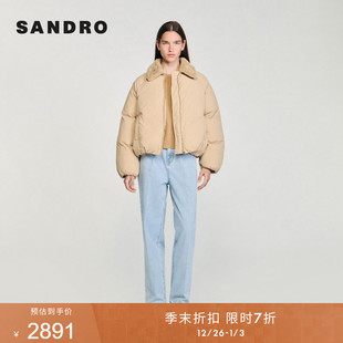 末7折SANDRO2025秋冬新款 口插肩袖 女装 毛领松紧袖 泡芙棉服 法式 季