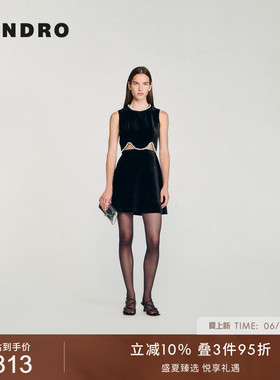 SANDRO秋季新款女装法式时尚简约黑色仿珠饰点缀镂空短款连衣裙