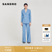 SANDRO秋冬女装 外套 优雅棉混纺蓝色格纹戗驳领垫肩西装 法式 时尚