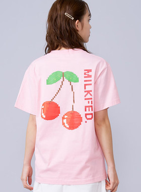 E1394A10 女装直身短袖T恤日系可爱milk像素樱桃粉色夏季tee上衣