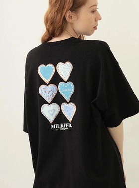 日系milk ICING HEART-SHAPED COOKIES纯棉t恤女短袖夏宽松大tee