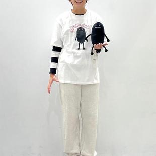 日系小众影子先生公仔图案重磅纯棉t恤女短袖夏季圆领休闲亲子装