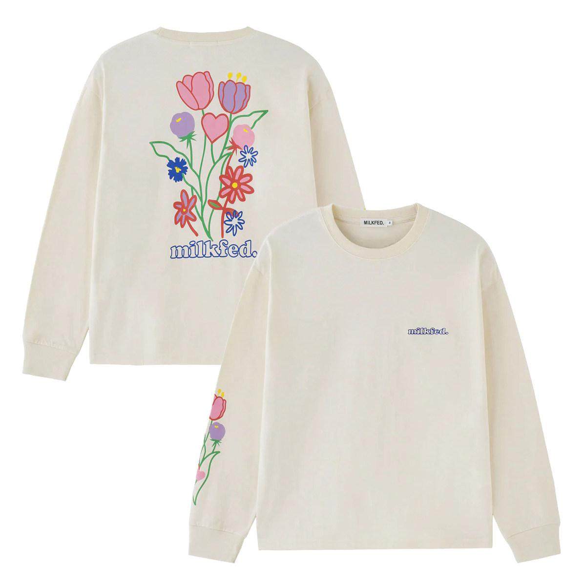 MILK日系小众刺绣字母花朵图案纯棉t恤女长袖圆领休闲春秋上衣tee