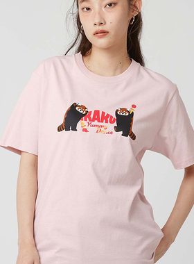 日系小众IKK小熊猫清新粉色重磅纯棉t恤女短袖夏季卡通圆领潮上衣