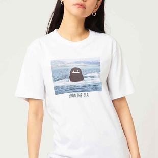 E1767日系小众影子先生海景海怪图案精梳纯棉t恤女短袖夏季亲子装