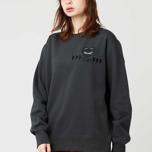日系小众影子先生卡通爱情刺绣套头圆领卫衣女秋冬外套炭黑潮上衣