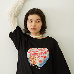 日系小众milk ANNIVERSARY CAKE夏季纯棉t恤女短袖圆领宽松大tee