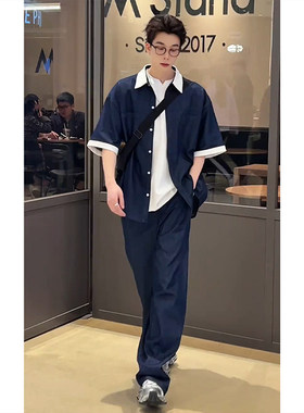 韩系撞色纯棉牛仔短袖衬衫套装