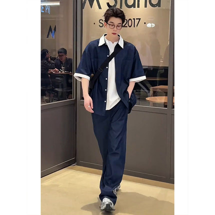 韩系撞色纯棉牛仔短袖衬衫男款夏日穿搭一整套高级感休闲长裤套装