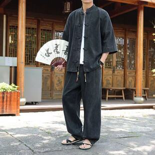父亲节礼物 复古中国风牛仔套装 夏季 新中式 宽松透气两件套 新款