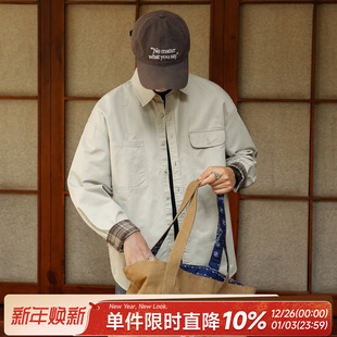 潮男宽松休闲百搭衬衣外套 衬衫 嘿马七作日系复古秋季 格纹拼接工装