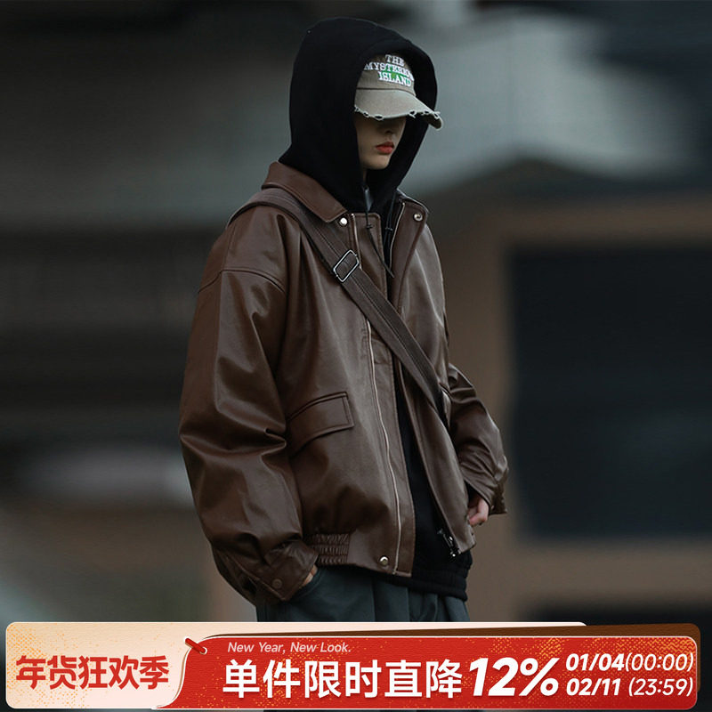 嘿马七作美式翻领皮衣短款外套复古春秋款男女休闲美拉德机车夹克