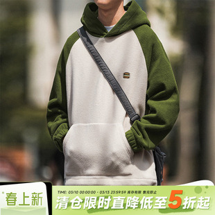 摇粒绒嘿马七作日系复古春秋男士汉堡刺绣撞色插肩袖连帽卫衣潮牌