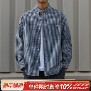 休闲衬衣宽松长袖 潮牌男士 上衣 外套秋季 嘿马七作日系复古格纹衬衫