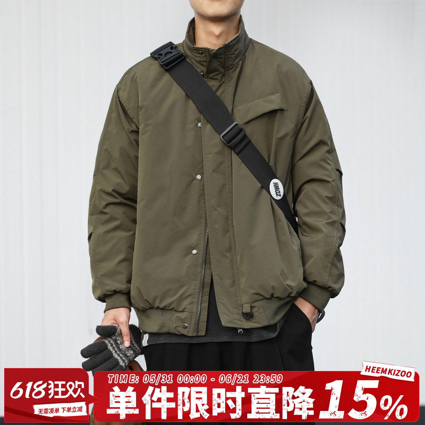 防泼水嘿马七作日系复古冬季男士暗格纹美式棉衣立领棉服外套潮牌