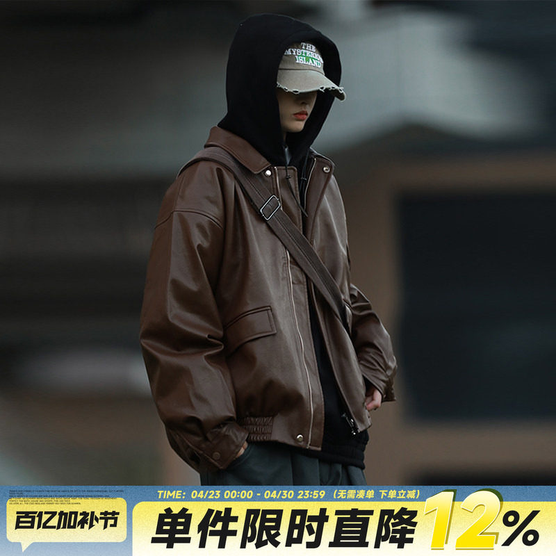 嘿马七作美式翻领皮衣短款外套复古春秋款男女休闲美拉德机车夹克