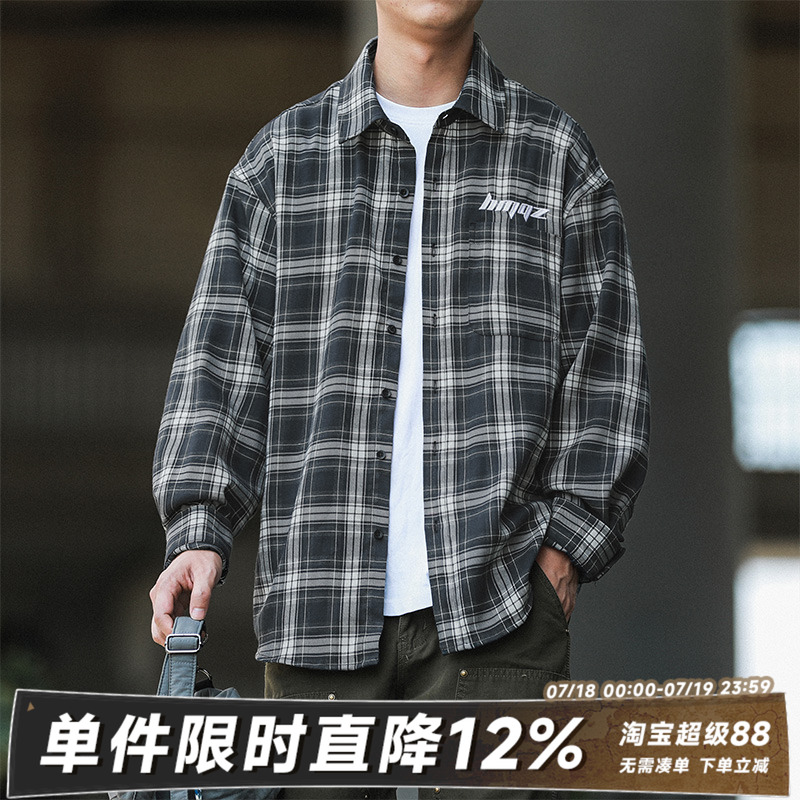 嘿马七作春秋款日系翻领格子衬衫