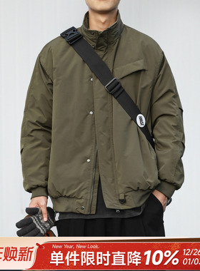 防泼水嘿马七作日系复古冬季男士暗格纹美式棉衣立领棉服外套潮牌