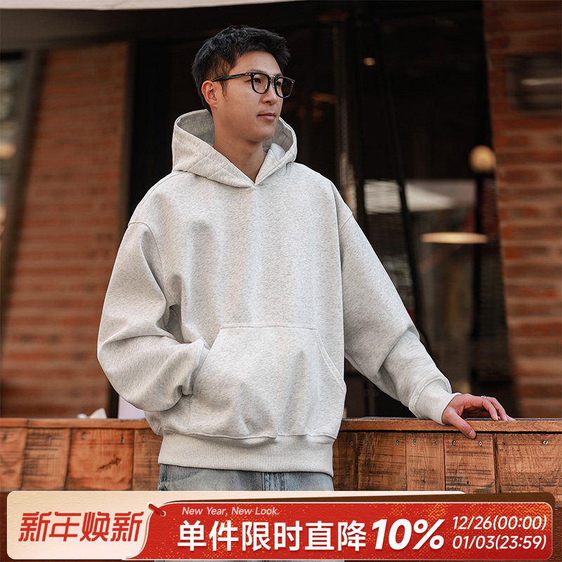 450g重磅嘿马七作美式复古春秋款男士套头连帽卫衣短款休闲上衣潮