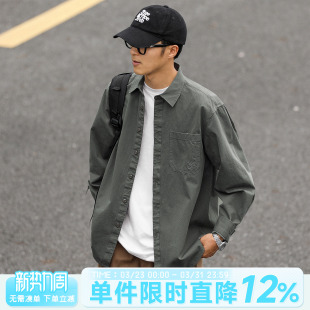 潮牌宽松休闲内搭衬衣 男士 嘿马七作日系复古春秋口袋刺绣长袖 衬衫